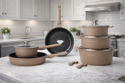 Batterie de cuisine induction beige avec manches amovibles