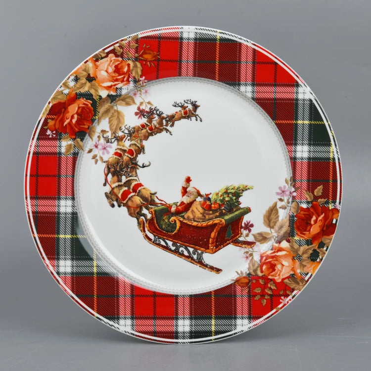 Assiette de Noël motif Père Noël, carreaux rouges et fleurs